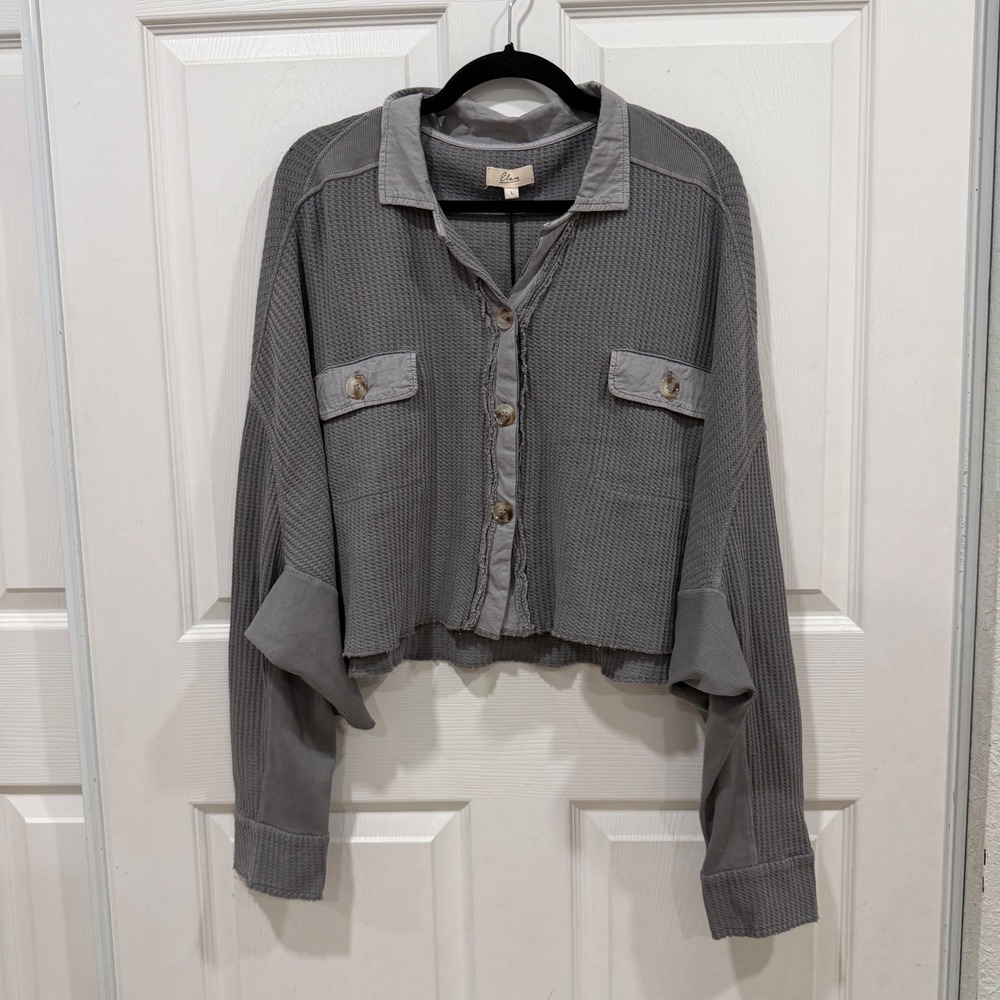 Elan Waffled Long Sleeve Top Dark Grey WA8103 Cotton Cropped Button Down Shirt L